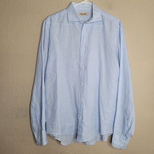 Puro Lino 100% Linen Shirt Mens Medium Blue Button Up Casual Made in Italy Beach